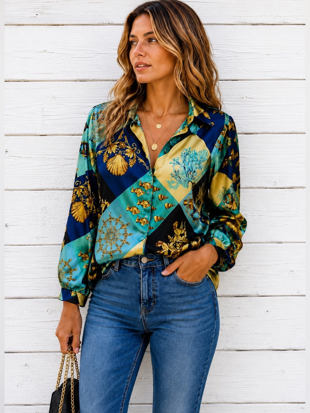 Vintage 90s Fred David Marine Baroque Patchwork Silk-Feel Blouse